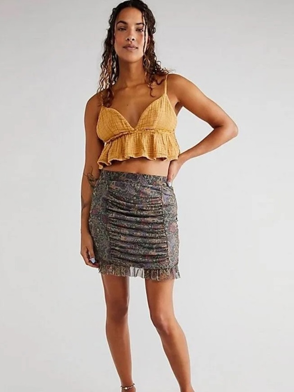 Free People Romi Mesh Ruffle Mini Skirt- Black Floral